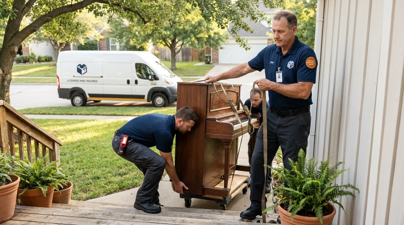 Licensed piano movers securing grand piano in North Bennington, VT