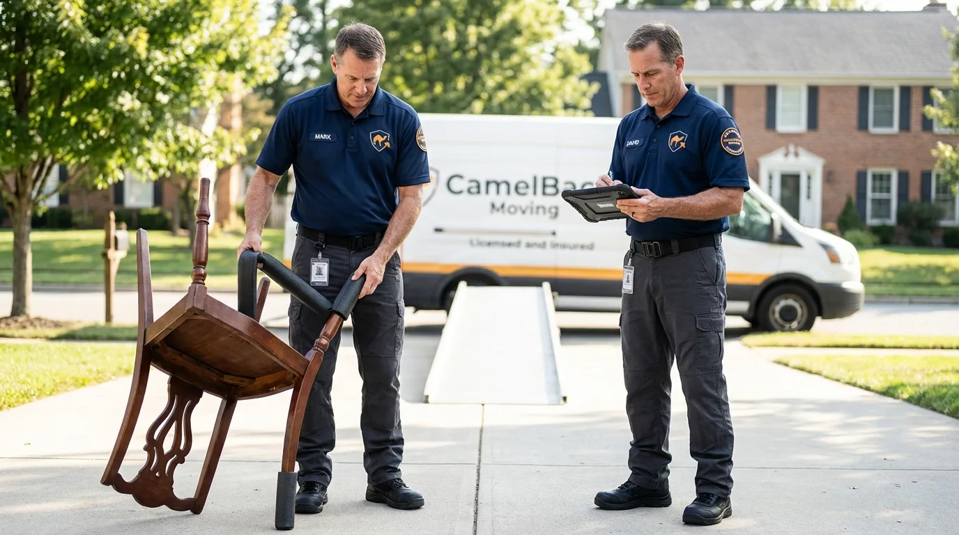 Movers inspecting furniture for damage prevention before loading in North Bennington, VT
