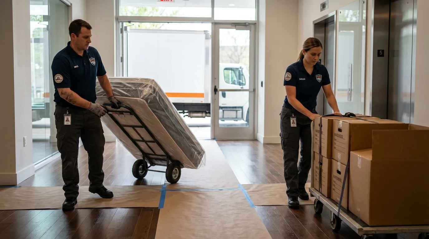 Professional apartment movers loading elevator in North Bennington, VT