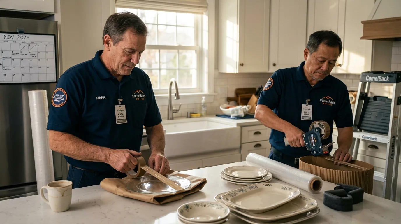 Professional crew packing kitchen dishware in North Bennington, VT